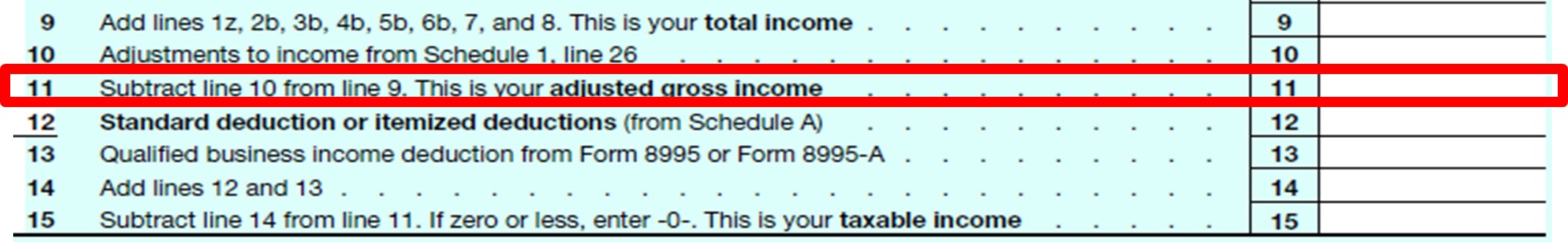 Image showing where to find AGI line 11 on Form 1040